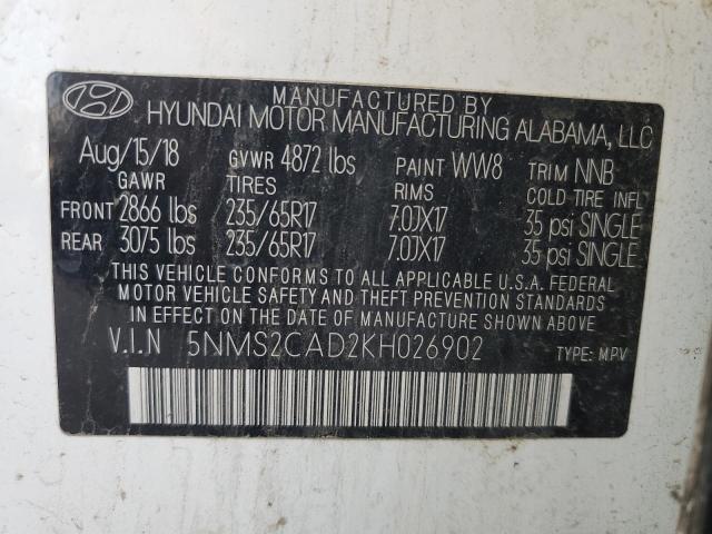 5NMS2CAD2KH026902 - 2019 HYUNDAI SANTA FE SE WHITE photo 12