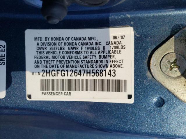 2HGFG12647H568143 - 2007 HONDA CIVIC LX BLUE photo 12