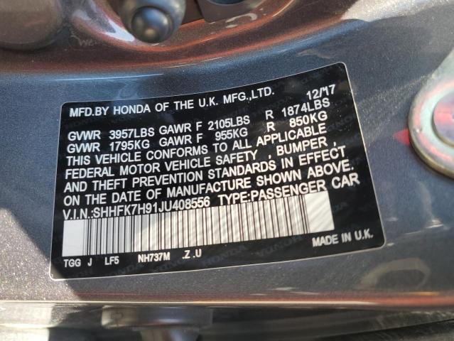 SHHFK7H91JU408556 - 2018 HONDA CIVIC SPORT TOURING GRAY photo 12