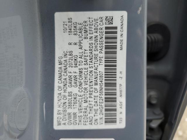 2HGFE2F56NH540807 - 2022 HONDA CIVIC SPORT 灰色 照片 12