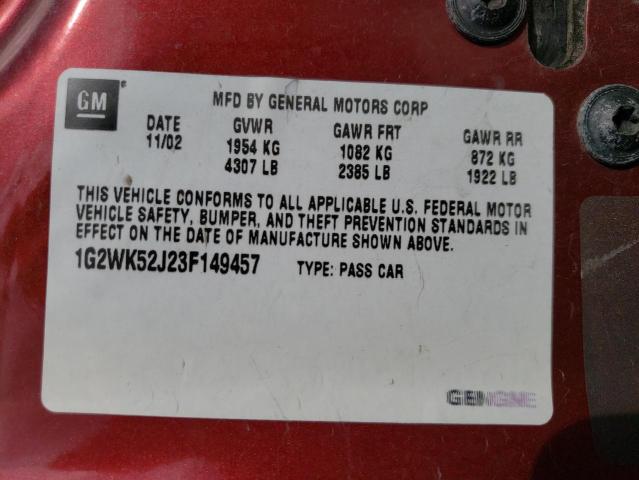1G2WK52J23F149457 - 2003 PONTIAC GRAND PRIX SE 勃艮第红 照片 12