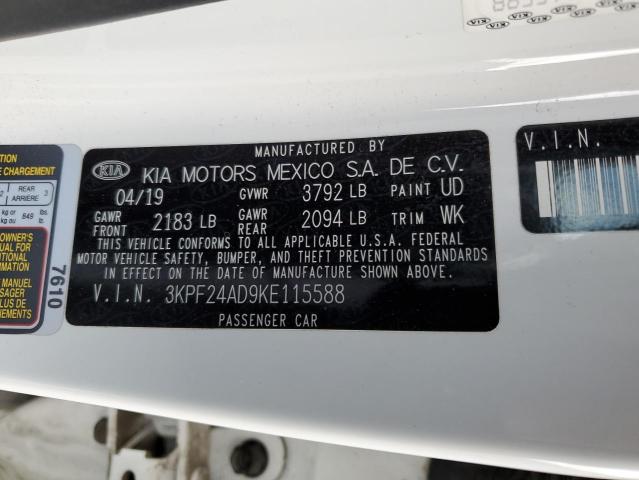 3KPF24AD9KE115588 - 2019 KIA FORTE FE WHITE photo 12