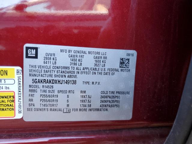 5GAKRAKDXHJ149138 - 2017 BUICK ENCLAVE RED photo 13
