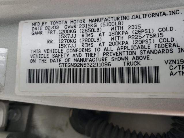 5TEGN92N53Z211096 - 2003 TOYOTA TACOMA DOUBLE CAB PRERUNNER SILVER photo 12