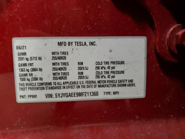 5YJYGAEE9MF211360 - 2021 TESLA MODEL Y RED photo 14