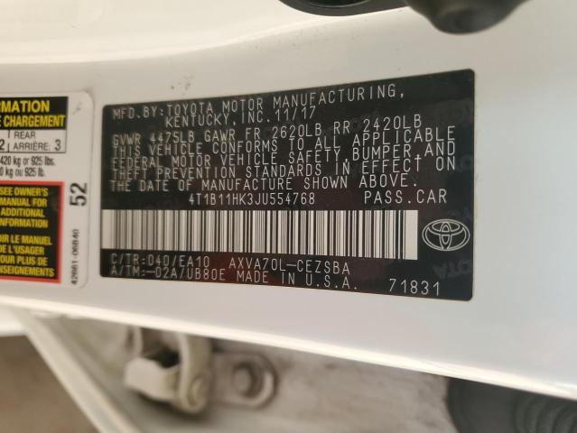 4T1B11HK3JU554768 - 2018 TOYOTA CAMRY L WHITE photo 12