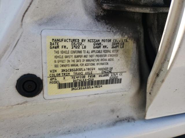 3N1CB51D32L678014 - 2002 NISSAN SENTRA XE WHITE photo 12