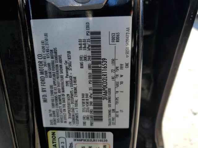 3FA6P0CD2LR116539 - 2020 FORD FUSION SEL BLACK photo 12