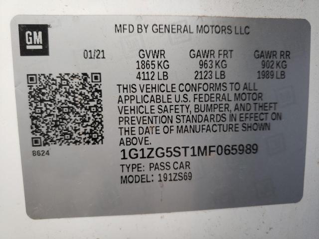 1G1ZG5ST1MF065989 - 2021 CHEVROLET MALIBU RS 白色 照片 13