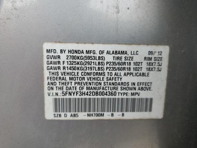 5FNYF3H42DB004360 - 2013 HONDA PILOT EX SILVER photo 14