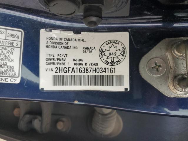 2HGFA16387H034161 - 2007 HONDA CIVIC DX BLUE photo 12