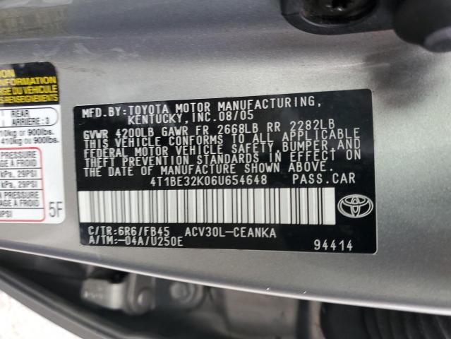 4T1BE32K06U654648 - 2006 TOYOTA CAMRY LE SILVER photo 12