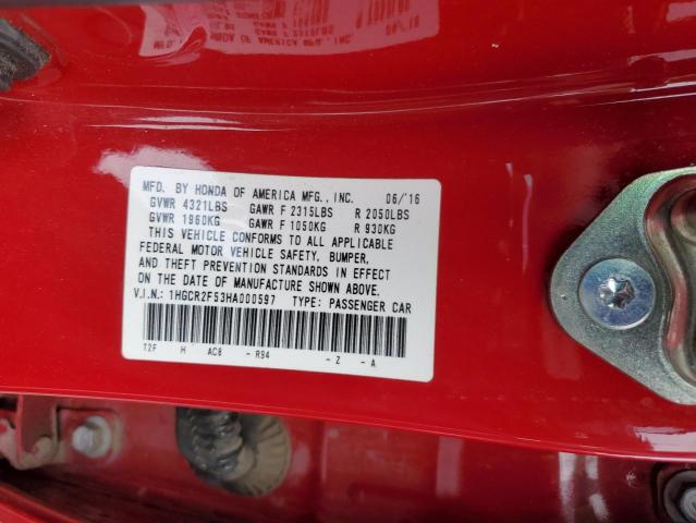 1HGCR2F53HA000597 - 2017 HONDA ACCORD SPORT RED photo 13