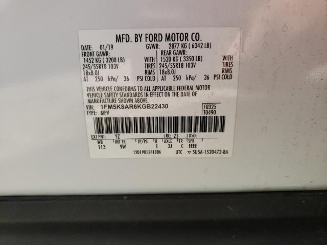 1FM5K8AR6KGB22430 - 2019 FORD EXPLORER POLICE INTERCEPTOR თეთრი ფოტო 13