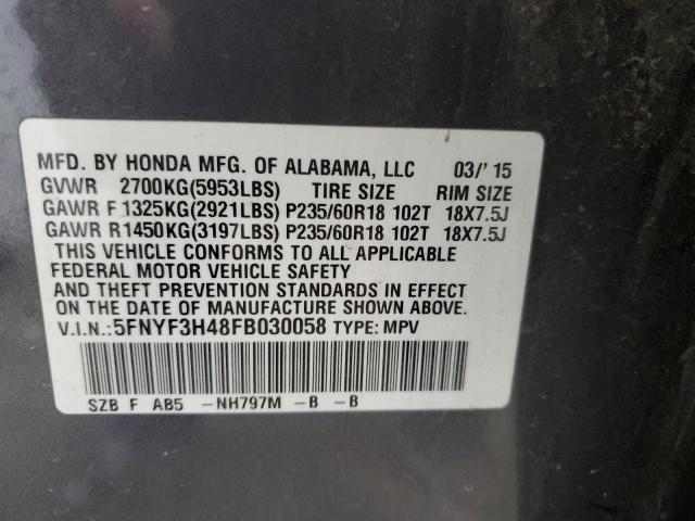 5FNYF3H48FB030058 - 2015 HONDA PILOT EX GRAY photo 12