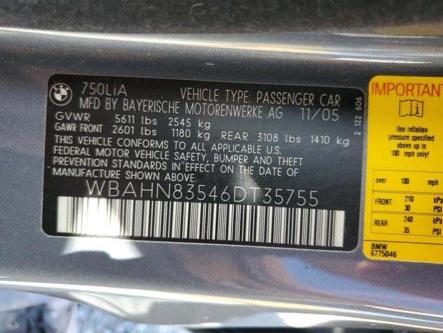 WBAHN83546DT35755 - 2006 BMW 750 LI GRAY photo 12