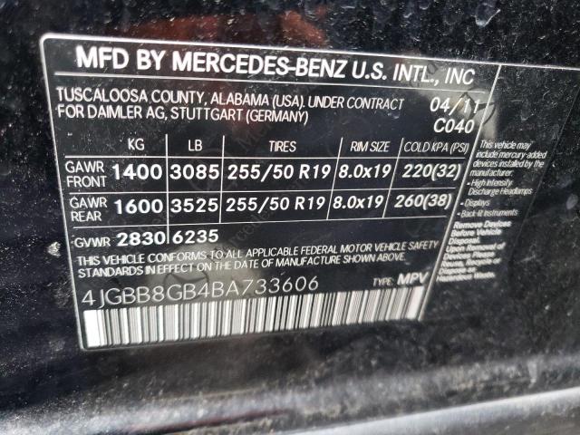 4JGBB8GB4BA733606 - 2011 MERCEDES-BENZ ML 350 4MATIC BLACK photo 12