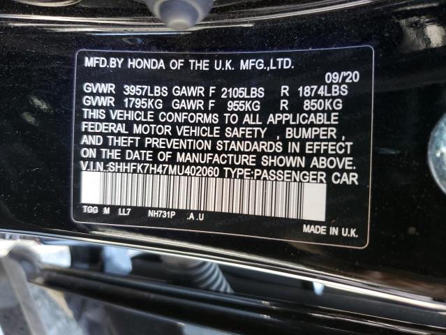 SHHFK7H47MU402060 - 2021 HONDA CIVIC SPORT 黑色 照片 12