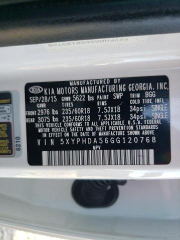 5XYPHDA56GG120768 - 2016 KIA SORENTO EX WHITE photo 12