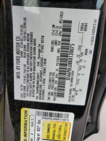 3FA6P0LU8KR120075 - 2019 FORD FUSION SE BLACK photo 12