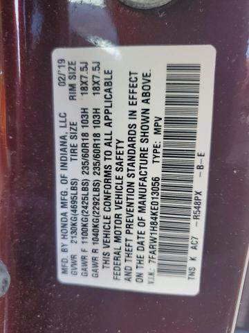 7FARW1H84KE013056 - 2019 HONDA CR-V EXL BURGUNDY photo 13
