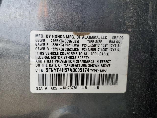 5FNYF4H57AB005174 - 2010 HONDA PILOT EXL GRAY photo 13