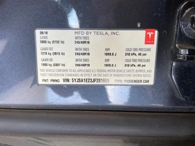 5YJSA1E23JF281655 - 2018 TESLA MODEL S Մոխրագույն լուսանկար 10