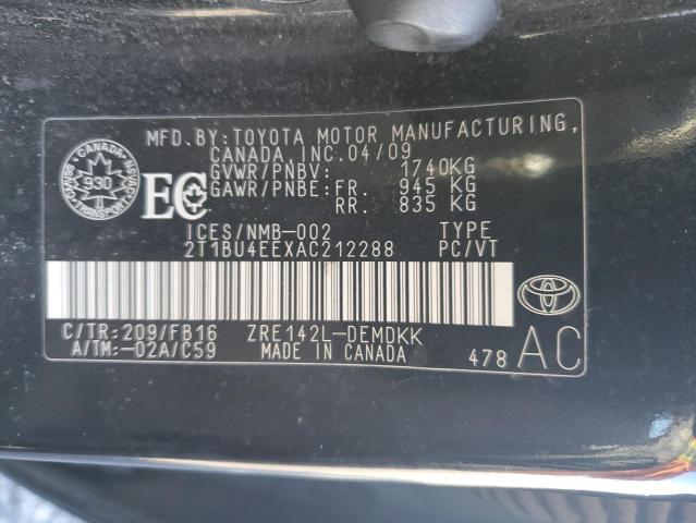 2T1BU4EEXAC212288 - 2010 TOYOTA COROLLA BASE BLACK photo 13