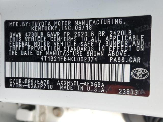 4T1B21FB4KU002374 - 2019 TOYOTA AVALON XLE WHITE photo 12