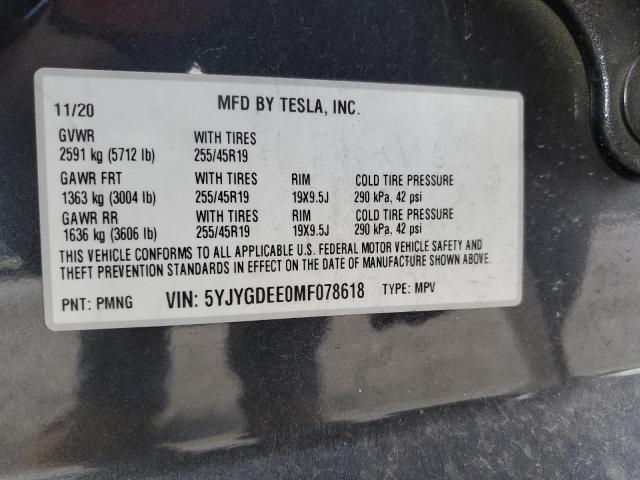 5YJYGDEE0MF078618 - 2021 TESLA MODEL Y GRAY photo 12