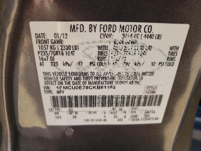 1FMCU0E78CKB81182 - 2012 FORD ESCAPE LIMITED GRAY photo 12