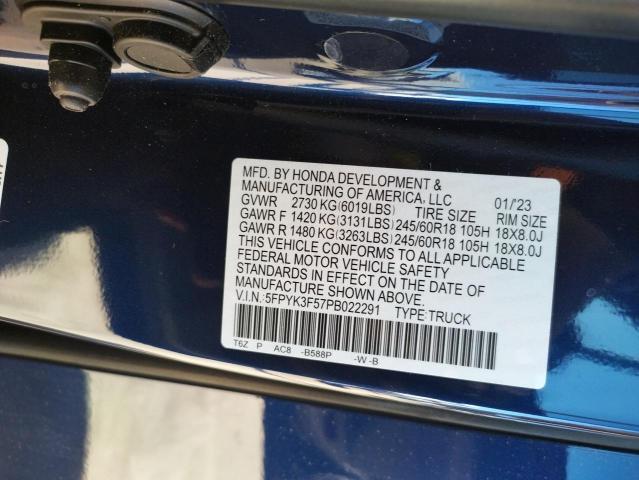 5FPYK3F57PB022291 - 2023 HONDA RIDGELINE RTL BLUE photo 12