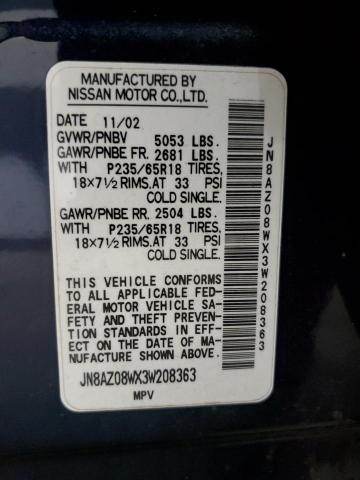 JN8AZ08WX3W208363 - 2003 NISSAN MURANO SL BLUE photo 13