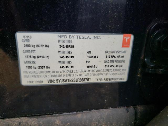 5YJSA1E23JF268761 - 2018 TESLA MODEL S 90 შავი ფოტო 12