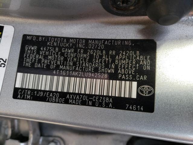 4T1G11AK2LU942528 - 2020 TOYOTA CAMRY SE SILVER photo 12