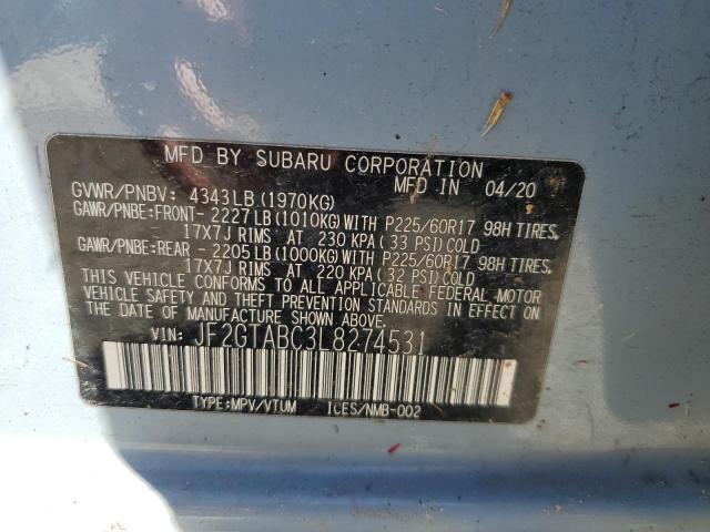 JF2GTABC3L8274531 - 2020 SUBARU CROSSTREK GRAY photo 12