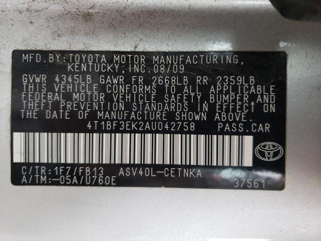 4T1BF3EK2AU042758 - 2010 TOYOTA CAMRY BASE SILVER photo 12