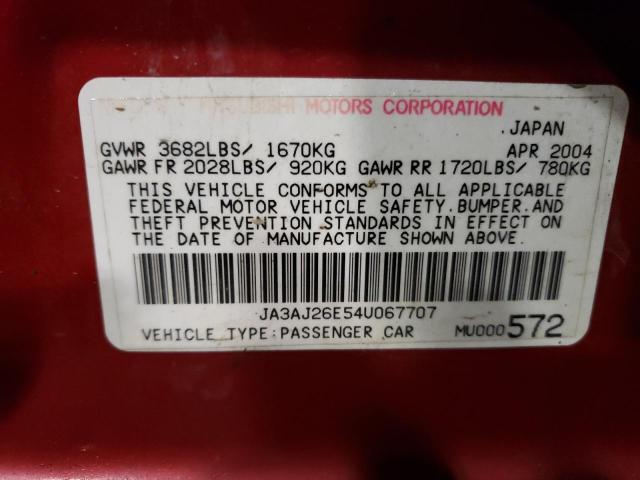 JA3AJ26E54U067707 - 2004 MITSUBISHI LANCER ES RED photo 12