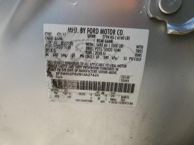 1FMHK8F82BGA27425 - 2011 FORD EXPLORER LIMITED SILVER photo 12