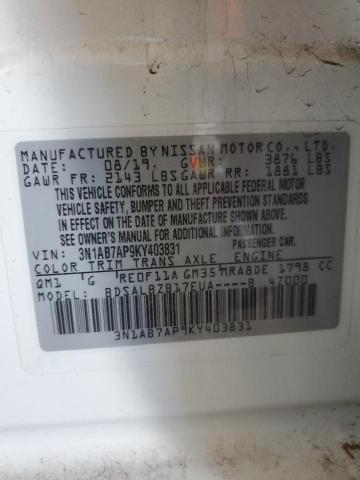 3N1AB7AP9KY403831 - 2019 NISSAN SENTRA S WHITE photo 13