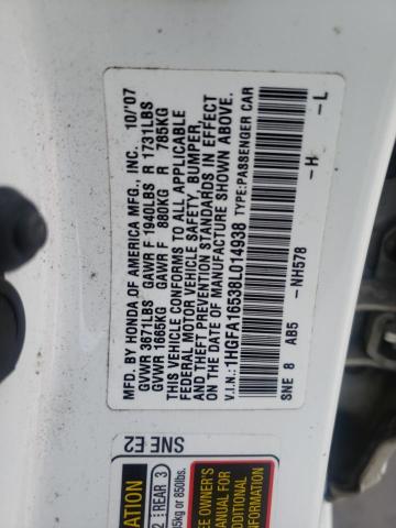 1HGFA16538L014938 - 2008 HONDA CIVIC LX WHITE photo 12