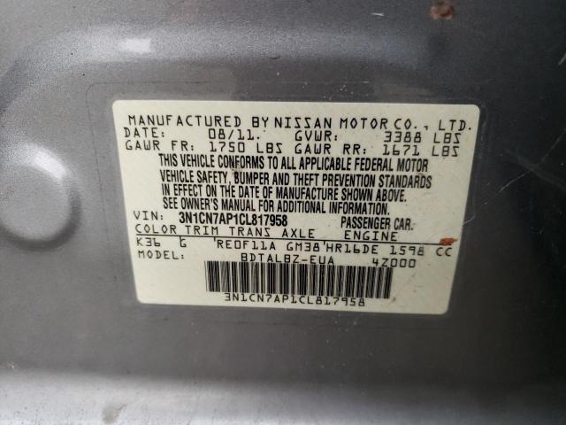 3N1CN7AP1CL817958 - 2012 NISSAN VERSA S GRAY photo 12