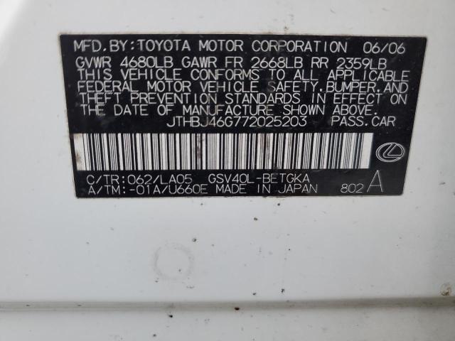 JTHBJ46G772025203 - 2007 LEXUS ES 350 WHITE photo 12