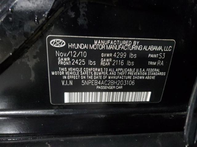 5NPEB4AC2BH203106 - 2011 HYUNDAI SONATA GLS BLACK photo 12