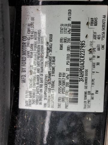 3FAHP0JA3CR237985 - 2012 FORD FUSION SEL BLACK photo 12