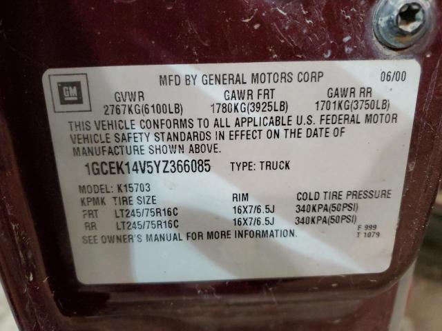 1GCEK14V5YZ366085 - 2000 CHEVROLET SILVERADO K1500 BURGUNDY photo 12