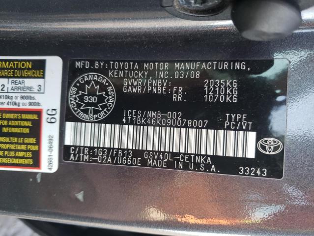 4T1BK46K09U078007 - 2009 TOYOTA CAMRY SE GRAY photo 12