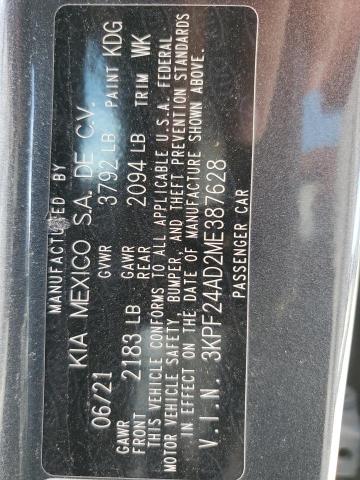 3KPF24AD2ME387628 - 2021 KIA FORTE FE GRAY photo 12