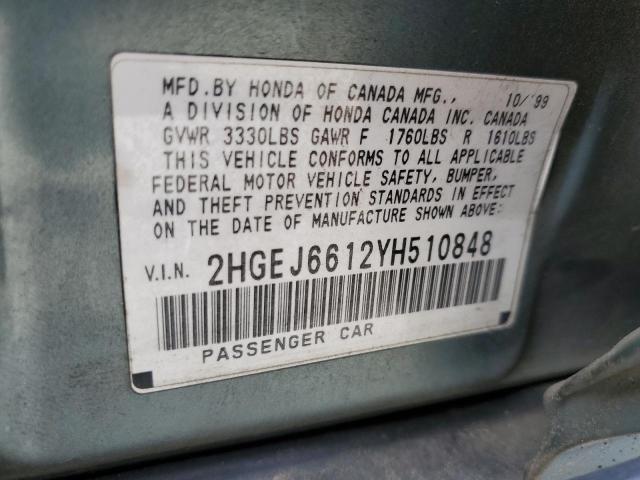 2HGEJ6612YH510848 - 2000 HONDA CIVIC BASE TURQUOISE photo 12