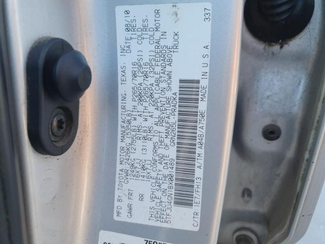 5TFJU4GN1BX001489 - 2011 TOYOTA TACOMA DOUBLE CAB PRERUNNER SILVER photo 12